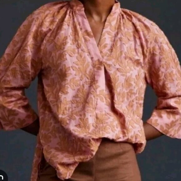 Anthropologie Embroidered Leaves Pink Popover Blouse Top Medium Feminine $130 - Picture 4 of 8